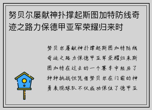 努贝尔屡献神扑撑起斯图加特防线奇迹之路力保德甲亚军荣耀归来时 努贝尔屡献神扑撑起斯图加特防线奇迹之路力保德甲亚军荣耀归来时
